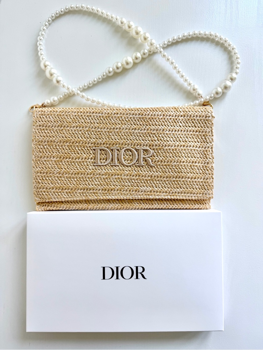 Dior Straw Cosmetic Crossbody Bag with Pearl Strap - Natural Beige